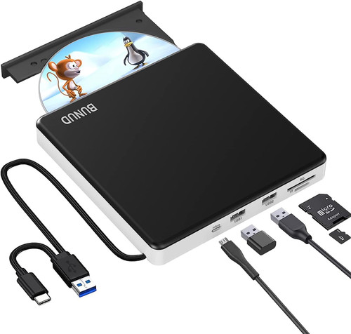 External CD DVD Drive USB 3.0 Type C CD DVD +/-RW ROM Burner Portable Optical Disk Drive Slim DVD CD Reader Writer with 2 USB and TF/SD Slot DVD Player for Laptop Mac MacBook Windows 11 10 PC Linux OS