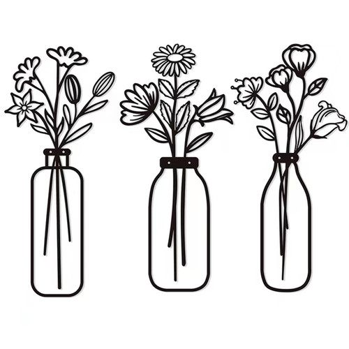 3 Pieces Metal Flower Wall Decor Art, Minimalist Vase Wall Art, Unique Wall Decor Metal Hanging, Wall Sculpture Ideal for Home, Living Room, Bathroom, Kitchen Black