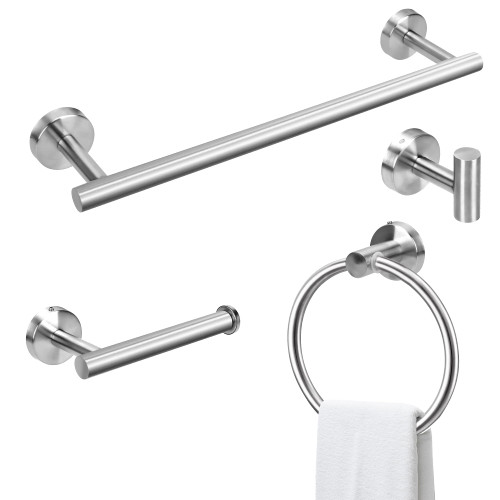 HAKJHAA Bathroom Hardware Set 4 Pieces - SUS 304 Stainless Steel Towel Rack Set - Includes 16In Towel Bar, Toilet Paper Holder, Towel Ring, Robe Towel Hooks - Wall Mounted Brushed Nickel