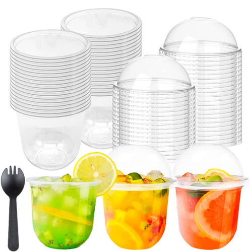 50 Pack 12oz Clear Plastic Cups with Dome Lids,Crystal PET Parfait Cups with Lids(No Hole),Disposable Dessert Party Cups for Ice Cream Fruit Iced Cold Drinks