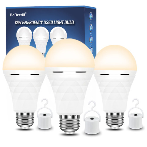 BoRccdit A19 Rechargeable Light Bulbs, 12W 60W Equivalent Rechargeable Emergency Light Bulbs, 1200mAh Battery Light Bulb for Power Failure?Warm White