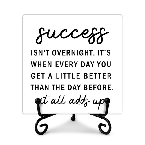 Inspirational Quotes Desk Decor Gift, Decor Wood Plaque with Stand, Success Isn't Overnight, Motivational Desk Wood Sign for Women Men Girl boy Coworker Friend Teens Student Home Office Classroom-a02