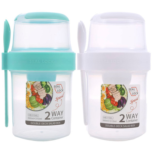 2 Pack Overnight Oats Container, 2-tier Overnight Oats Jars, Breakfast on the Go Cups with Lid and Spoon, Portable Yogurt Oatmeal Container Jar, Leakproof Cereal and Milk to Go Container for Adult Kid (A)