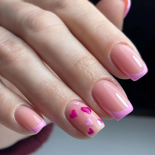 Short Press on Nails Square Fake Nails Pink Heart Full Cover False Nails French Tip Designs Acrylic Nails Glossy Artificial Square Nails Reusable Glue on Nails for Women 24Pcs