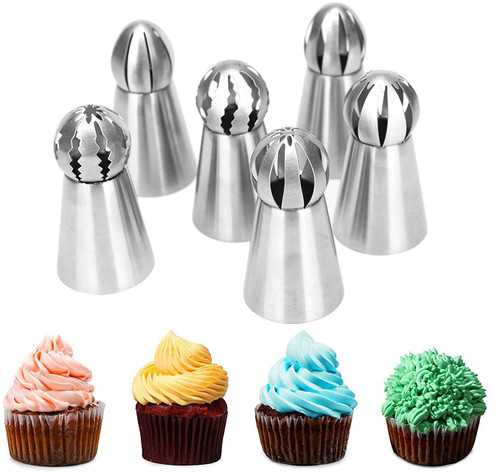 Round Piping Tips, Hsxxf 6PCS Russian Piping Tips Stainless Steel Piping Tips Piping Nozzles Cake Piping Icing Nozzles Cake Decorating Tips Set for DIY Baking Tools (6PCS), Sliver