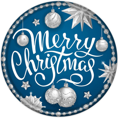 Round Metal Tin Sign Rustic Wall Decor Wall Plaque Christmas Wreath Sign Merry Christmas Blue and Silver Ornament Door Hanging Wall Decoration Bar Home Round 12X12 Inches (12x12IN, A001)