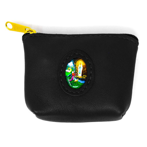 Real Leather Rosary Purse/Pouch Black Depicting The Lourdes Apparitions Catholic Gifts & Lourdes Prayer Card Real Leather Rosary Purse/Pouch Black Depicting The Lourdes Apparitions Catholic Gifts & Lourdes Prayer Card