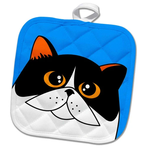 3dRose The Curious Cat Calico with Orange Eyes Blue Potholder, 8 x 8