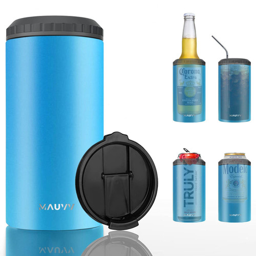 MAUVV 4 in 1 Insulated Slim Can Cooler with lid for 12 Oz Tall Skinny Can, Regular Beer Bottle - Stainless Steel Double Walled Insulator Coozy Cans Koozie Coozie (Royal Blue), 3.2 x 6.1 inches
