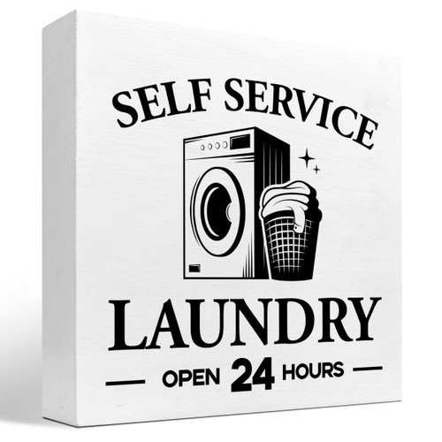 z-crange Self Service Laundry Wood Block Sign Desk Decor,Funny Laundry Room Wooden Box Plaque Sign Desk Decor for Home Laundry Room Bathroom Shelf Table Decorations