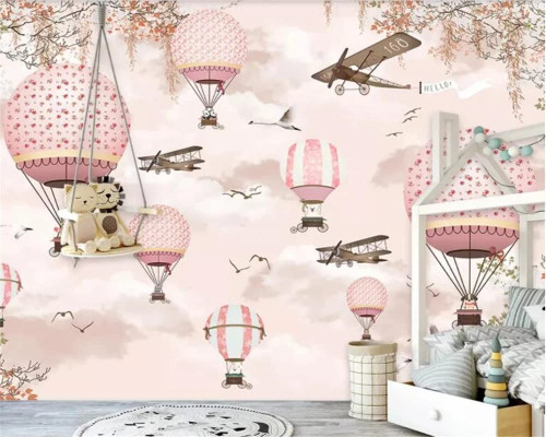 Custom Size Wall Murals?Sky White Cloud Pink Hot Air Balloon?Removable Peel and Stick Self-Adhesive Wall Murals Large Photo Wallpaper