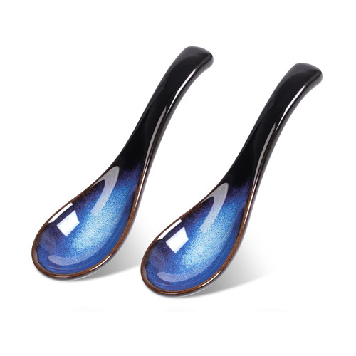 QRATIE Asian Soup Spoon Set, Blue Japanese Soup Spoon Ceramic Chinese Soup Spoons Ramen Spoon Retro Porcelain Spoon Rice Spoons For Cereal Stews Ramen Pho Wonton Dumpling Miso, 2pcs