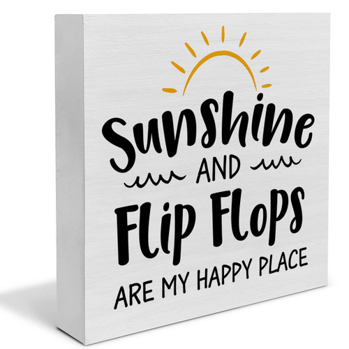 Sunshine and Flip Flops Wood Box Sign Decor Desk Sign Beach Wooden Box Block Sign Summer Beach Seaside Signs Rustic Home Shelf Wall Decoration