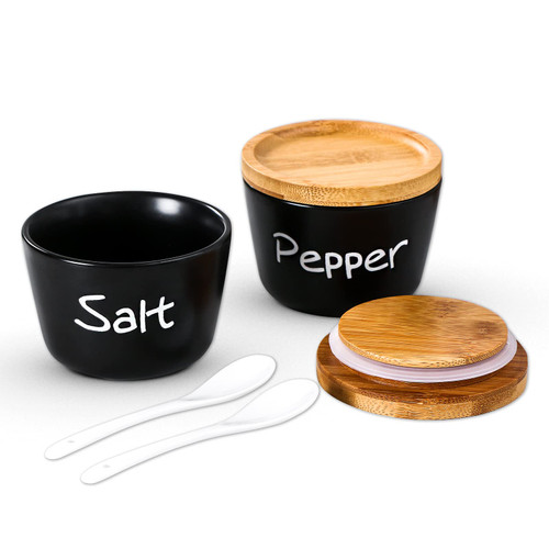 Lareina Salt and Pepper Bowls with Lid and Spoon 12 oz Salt and Pepper Cellar Set with Airtight Wood Lids, Farmhouse Salt Pepper Container for Countertop, Set of 2, Black