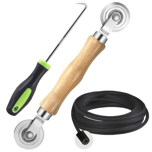 Taocco Screen Repair Kit, Screen Roller Tool with Wooden Handle and Steel Bearing Wheels, Screen Retainer Spline and Spline Removal Hook Tool for Installing Door Mesh Window Screens