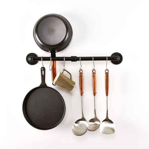 HOEMLIM Pipe Pot Pan Rack Wall Mounted Industrial Utensil Lid Holder Cookware Hanger Kitchen Organizer Hanging Bar Rail with S Hooks(24 inch,Black)