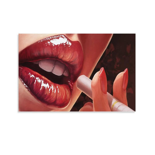 Smoking Woman Red Sexy Lips Art Poster Wall Art Paintings Canvas Wall Decor Home Decor Living Room Decor Aesthetic 08x12inch(20x30cm) Unframe-style