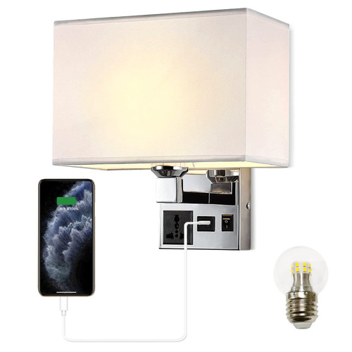 Bedside Wall Mount Light with USB, LED Reading Swing Arm Fabric Shade Wall Sconce, Hardwired Wall Lamp for Bedroom, Living Room Hotel (Chrome)