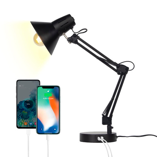 FIRVRE Metal Desk Lamp Black Adjustable Flexible Goose Neck Swing Arm Table Lamp with USB Charging Port Portable Eye-Caring Reading Lamp for Home Office Work Study Reading E26 Base Multi-Joint