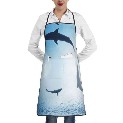 OUSIKA Sharks Apron With Pockets Waterproof Kitchen Cooking Chef Aprons Bib For Baking Gardening Bbq