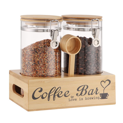 Glass Coffee Containers with Shelf, 2 x 48 FLOZ Coffee Bean Storage with Airtight Locking Clamp and Bamboo Spoon, Large Capacity Food Storage Jar for for Kitchen Food Storage Coffee Tea Sugar