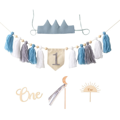 Ikubigu Highchair Banner for 1st Birthday, Handmade Birthday Crown, Highchair Banner, Cake Topper, Baby Shower Photo Props, Birthday Party Decorations Set for Baby Girl Baby Boy(Blue)