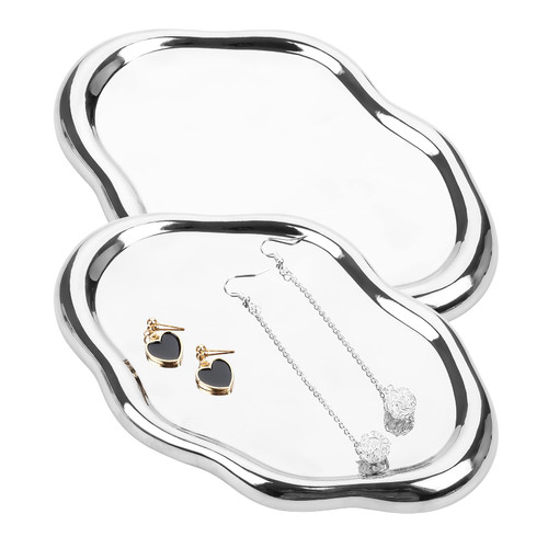 VAIPI 2 Pack Jewelry Tray Trinket Dish for Women, Ceramic Trinket Tray Ring Dish Tray Holder Cloud Jewelry Dish Trinket Trays Small Plate Key Tray Decor Ring Trinket Dish Jewelry Holder - Silvery