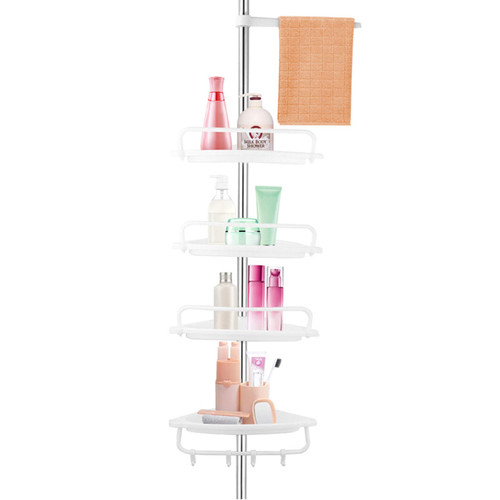 Corner Shower Caddy, 4 Layer Shower Organizer Shelves Corner Tension Pole Home Shower Tension Shelf Pole Caddy Aluminum Shower Caddy Bathtub Storage for Organizing Hand, Body Wash