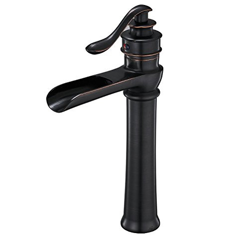 Bathlavish Bathroom Vessel Sink Faucet Oil Rubbed Bronze Tall Waterfall Single Handle Lever Lavatory One Hole Mixer Tap Deck Mount Spout Commercial Supply Line Lead-Free