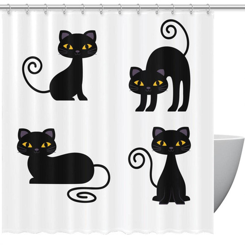 Shower Curtain, Cute Cartoon Black Cat Print Bathroom Curtain, Bathroom Shower Curtain with Hooks, Kids Bathroom Decor 72 Inch