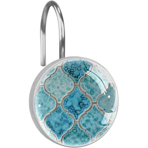 Shower Curtain Hooks, Rust Proof Decorative Shower Curtain Hooks Hangers for Bathroom Curtains, Clothing, Moroccan Pattern Ethnic Vintage Turquoise Art