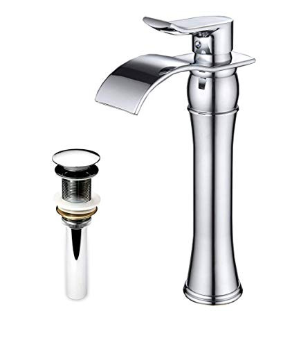Homevacious Tall Waterfall Bathroom Vessel Sink Faucet Chrome Single Handle With Pop Up Drain Assembly Stopper Without Overflow One Hole Lever Commercial Mixer Tap Long Spout
