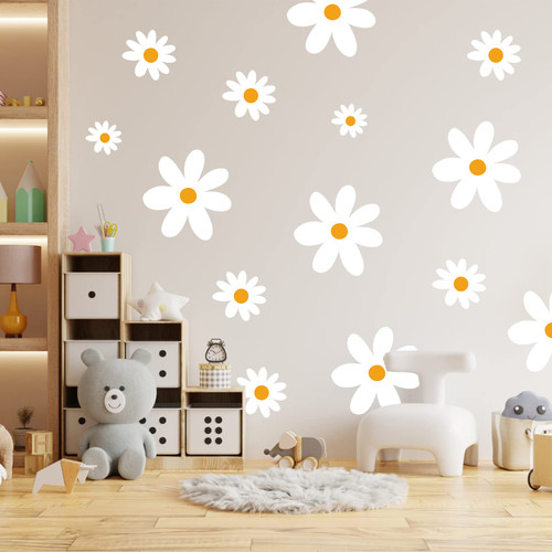 Vgaruint Daisy Wall Decals - Boho Daisy Wall Stickers, Nursery Decor, Kids Room Wall Art, Removable Flower Wall Stickers (Daisy Deco), White