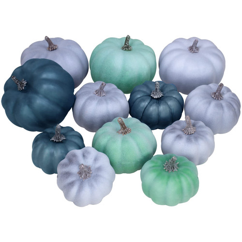 12 Pcs Assorted Small Rustic Harvest Artificial Pumpkins Decorative Pumpkins Foam Pumpkins in Green Blue Gray for Fall Autumn Halloween Thanksgiving Table Centerpiece Mantel Shelf Kitchen Decor