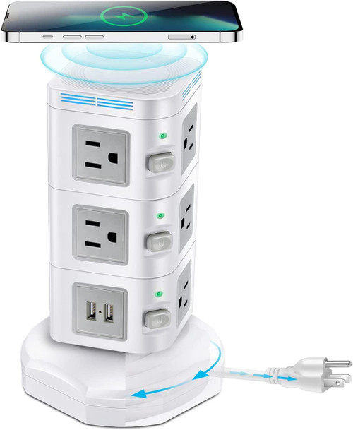 Power Strip Tower with Fast Wireless Charger, ODOM 1800 J Surge Protector 4 USB Ports + 10 Outlets + 6 Feet Retractable Extension Cord, Multi Plug Outlet Multiple Charging Station for Home Office Room Power Strip Tower with Fast Wireless Charger, ODOM 1800 J Surge Protector 4 USB Ports + 10 Outlets + 6 Feet Retractable Extension Cord, Multi Plug Outlet Multiple Charging Station for Home Office Room