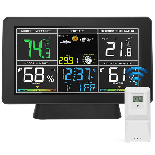 Kannino Weather Station with Wireless Outdoor Sensor, Color Digital Weather Station with Weather Forecast/Digital Clock/Barometer/Temperature & Humidity Monitor/Moon Phase/Alarm Clock for Home Office
