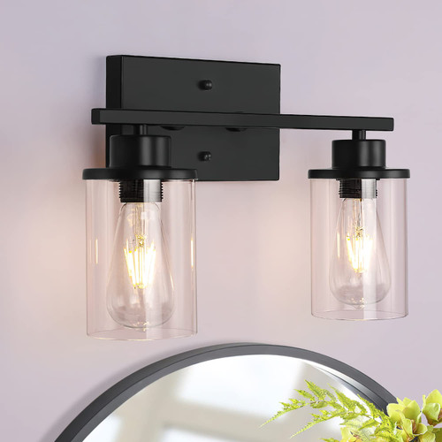 Black Vanity Lights, Bathroom Light Fixtures Over Mirror, 2 Light Wall Sconces for Bathroom, Modern Farmhouse Wall Lamp Lighting with Clear Glass Shade for Living Room Kitchen Bedroom Hallway Black Vanity Lights, Bathroom Light Fixtures Over Mirror, 2 Light Wall Sconces for Bathroom, Modern Farmhouse Wall Lamp Lighting with Clear Glass Shade for Living Room Kitchen Bedroom Hallway