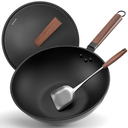 Todlabe Nonstick Wok, 13-Inch Carbon Steel Wok Pan with Lid Woks & Stir-Fry Pans No Chemical Coated Wok with Spatula Flat Bottom Cookware Chinese Wok for Induction, Electric, Gas, Halogen, All Stoves Todlabe Nonstick Wok, 13-Inch Carbon Steel Wok Pan with Lid Woks & Stir-Fry Pans No Chemical Coated Wok with Spatula Flat Bottom Cookware Chinese Wok for Induction, Electric, Gas, Halogen, All Stoves