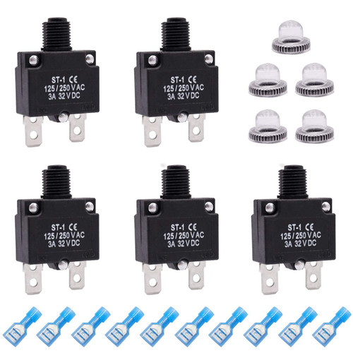 mxuteuk 5Pcs 3Amp Circuit Breakers Push Button Manual Reset 125/250V AC 32V DC,Overload Protector Switch Thermal Circuit Breakers with Quick Connect Terminals and Waterproof Button Caps ST1-5-3A
