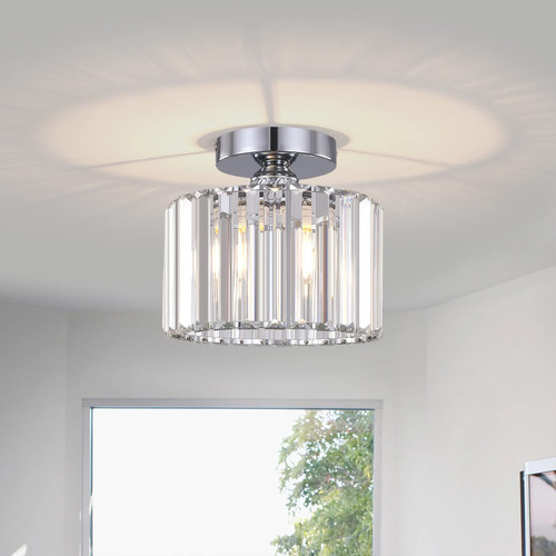 BUXVRCS Semi Flush Mount Ceiling Light, Modern Chandelier Crystal Ceiling Light Fixture,Small Close to Ceiling Light for Living Room Bedroom Hallway Bathroom Kitchen Entryway with E26 Base (Silver)