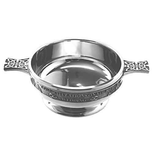 English Pewter Company Congratulations On Your Wedding Quaich Bowl with Celtic Handles - 3.5" Diameter [WD255]