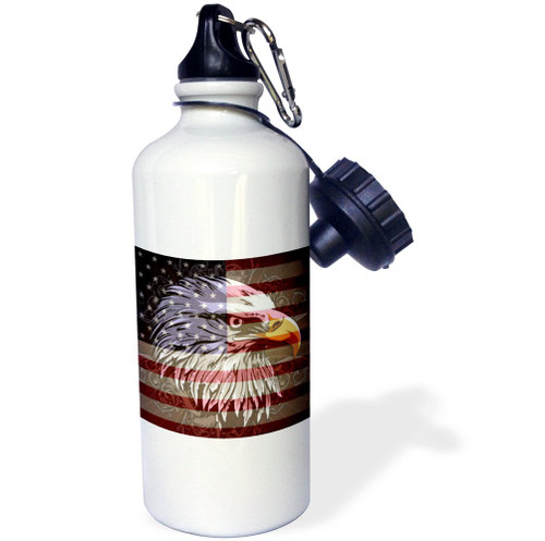 3dRose "Ornate Patriotic Bald Eagle and USA American Flag Pride Great for Fourth Of July Independence Day" Sports Water Bottle, 21 oz, White