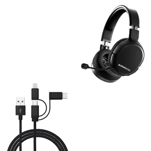 BoxWave Cable Compatible with SteelSeries Arctis 1 Wireless - AllCharge 3-in-1 Cable for SteelSeries Arctis 1 Wireless - Jet Black
