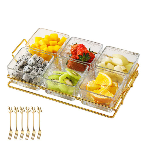Colel Serving Bowl With Metal Tray, 10 oz Glass Divided Serving Dish Appetizer Tray with 6 Removable Snack Bowls Party - Side Dish for Appetizer, Fruit, Nuts, Ice Cream, Candy