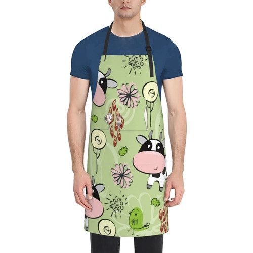 Unisex Bib Apron Kawaii Cow Bird Art Waterproof Kitchen Cooking Aprons With 2 Pockets