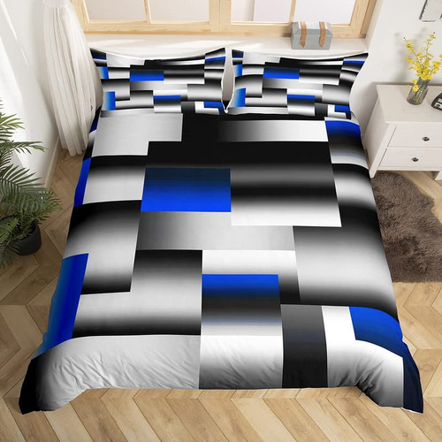 Blue Gray Black Abstract Bedding Set Twin Size Modern Geometric Art Comforter Cover Set Geometry Rectangle Room Decorative Duvet Cover Bedspread Cover 2Pcs Bedclothes