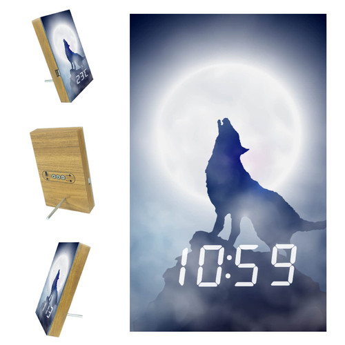 A Howling Wolf Digital Alarm Clock Wood LED Light Desk Alarm Clock Displays Time Date Temperature for Home Office