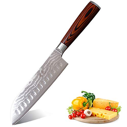 Santoku Knife 7'' Forged by VG-10 Damascus Super Steel, Multipurpose Kitchen Knife for Mincing, Dicing and Slicing, Durable Pakkawood Handle Chef Knives by Xing Yi