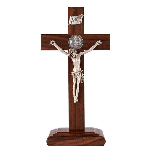 Walnut Finish Wood St Benedict Standing Crucifix Cross, 9 Inch