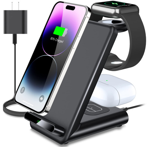 Wireless Charging Station,3 in 1 Wireless Charging Stand Made for Apple Watch Ultra 8 7 6 SE 5 4 3,Fast Wireless Charger Made for iPhone 14/14 Plus/14 Pro Max/13/12/11/X/8,AirPods Pro 2 (Black)